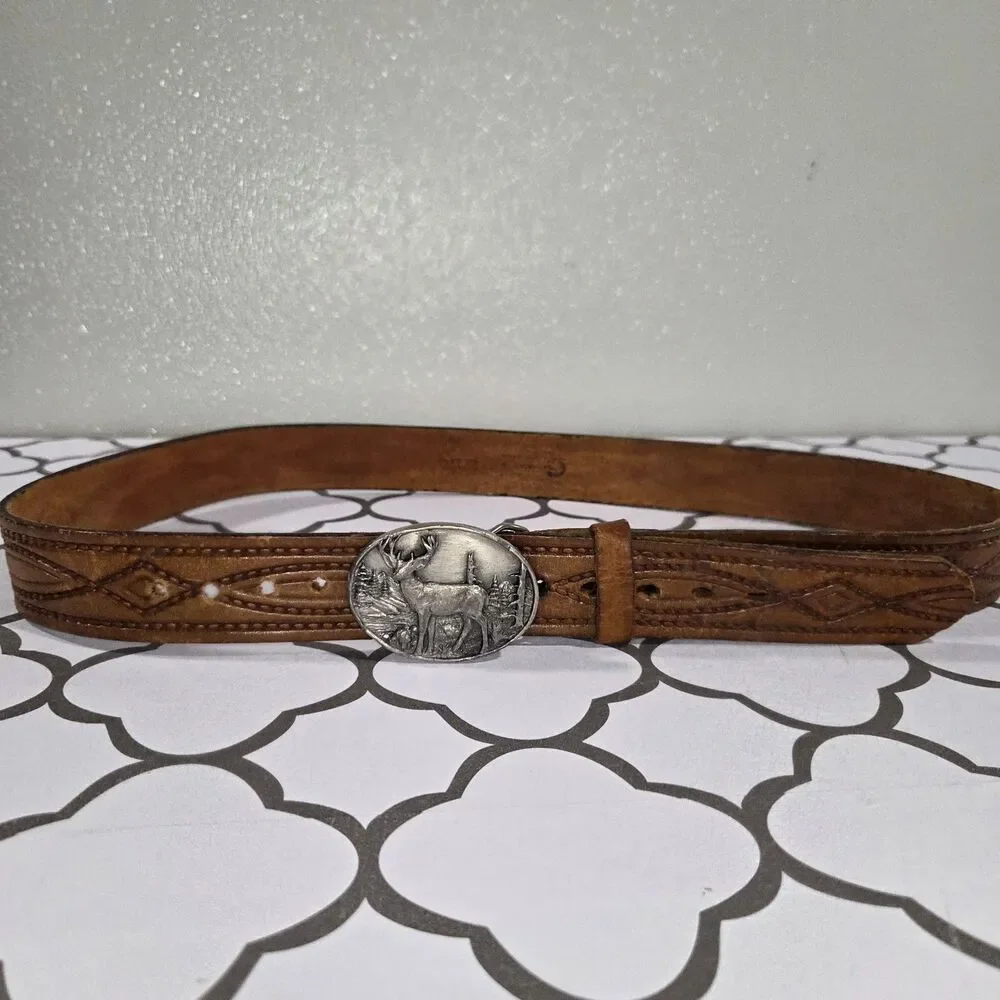 Vintage Chambers Hand-Tooled Leather Belt Western Siskiyou Deer Buckle sz 40